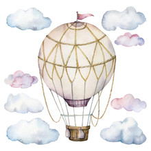 Watercolor Set With Clouds And Hot Air Balloon. Hand Painted Sky Illustration With Aerostate Isolated On White Background. For Design, Prints, Fabric Or Background.