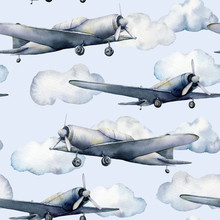 Watercolor Seamless Pattern With Airplane And Clouds. Hand Painted Sky Illustration With Propeller Plane Isolated On Pastel Blue Background. For Design, Prints, Fabric Or Background.