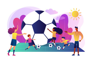 Wall Mural - kids learning to play soccer with balls on the field in summer camp, tiny people. soccer camp, footb