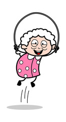 Wall Mural - Playing Skipping Rope - Old Woman Cartoon Granny Vector Illustration