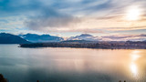 Fototapeta Do pokoju - Sunrise over pristine lake with mountains on the background. Wanaka, Otago, South Island, New Zealand