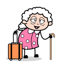 Sticker - Holding a Luggage Bag - Old Woman Cartoon Granny Vector Illustration