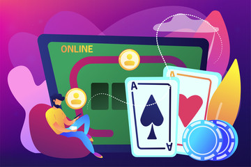 Wall Mural - Businessman with smartphone playing poker online and casino table with cards and chips. Online poker, internet gambling, online casino rooms concept. Bright vibrant violet vector isolated illustration