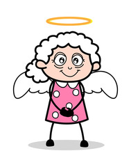 Poster - Granny in Angel Costume - Old Woman Cartoon Granny Vector Illustration