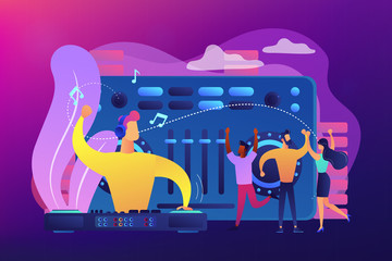 Sticker - DJ in headphones at turntable playing music and tiny people dancing at party. Electronic music, DJ music set, DJing school courses concept. Bright vibrant violet vector isolated illustration