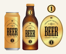 Vector Label For Craft Beer In Retro Style On Gold Background, Decorated By Crown And Stars In Oval Frame. Sample Beer Label On Beer Can And Beer Bottle