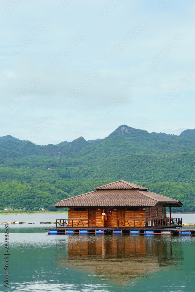 wooden floating raft house resort by mountain Kanchanaburi, Thailand ...