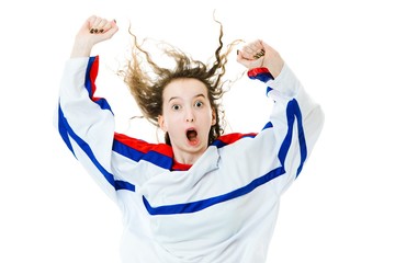 Wall Mural - Hockey fan in jersey in color of Russia cheer, celebrating goal.