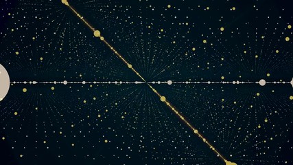 Poster - Abstract 3d animated background of many golden and white small circels moving in rows and rotating on dark blue background. Animation. Infinite number of spinning dots.