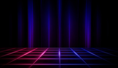 Wall Mural - empty stage, neon lights, spotlights and rays. dark background and neon light. night view, urban bac