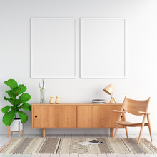 Sideboard And Two Blank Photo Frame On Wall For Mockup, 3D Rendering