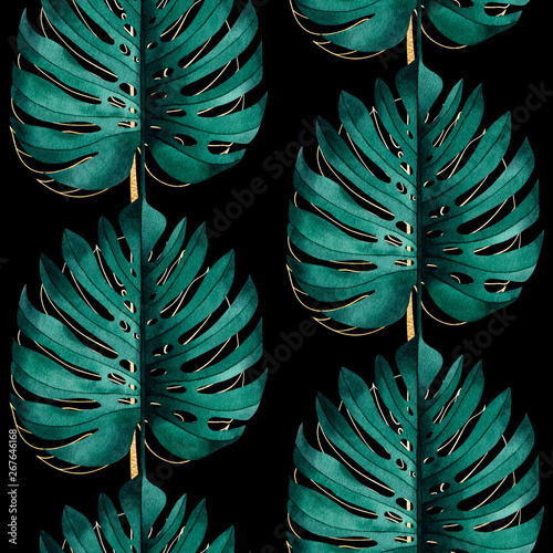 tropikalny-wzor-z-egzotycznych-monstera-roslin-pozostawia-na-czarnym-tle