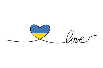 Wall Mural - Love with hearts in continuous drawing lines in a flat style in continuous drawing lines and Ukrainian flag. Continuous black line. The work of flat design. Symbol of love and tenderness