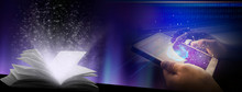 Abstract Blue Background With Neon Lights. The Tablet In Hand, The Screen Glows. An Open Book With A Magical Light.