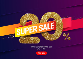 Wall Mural - Shine golden sale 20% off with vivid paper ribbon, made from small gold glitter squares, pixel style. For super sale and discount offers.