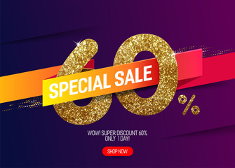 Wall Mural - Shine golden sale 60% off with vivid paper ribbon, made from small gold glitter squares, pixel style. For super sale and discount offers.