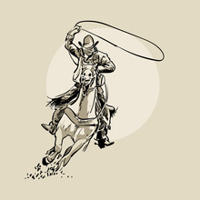 American Cowboy Riding Horse And Throwing Lasso. Hand Drawn Vector Illustration. Hand Sketch. Illustration. Vector.