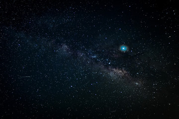 night photography of the milky way with a shooting star.