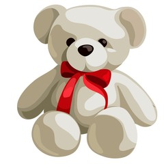 Cute soft teddy bear with red ribbon bow isolated on white background. Vector cartoon close-up illustration.