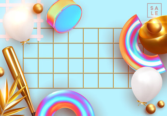 Poster - Minimal design background with realistic 3d objects of different shapes