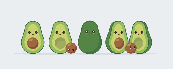 Avocado . Set cute kawaii food faces