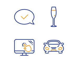Poster - Touch screen, Champagne glass and Approved message icons simple set. Car sign. Web support, Winery, Accepted chat. Transport. Business set. Linear touch screen icon. Colorful design set. Vector