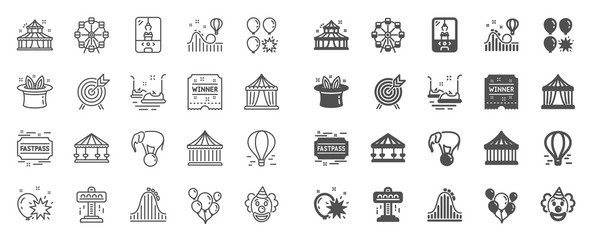 Wall Mural - Amusement park line icons. Set of Carousel, Roller coaster and Circus icons. Air balloon, Crane claw machine and Fastpass symbols. Circus amusement park tickets. Ferris wheel carousel. Vector