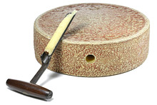Organic Hay Milk Cheese Wheel From German Allgäu Region With Grading Iron Isolated On White Background