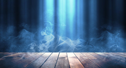 Background of empty dark scene with wooden old floor. Neon light smoke. Dark abstract background