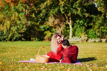 Wall Mural - Romantic couple having picnic on the grass on a fall day