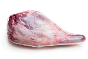 Poster - Vacuum pack of raw lamb leg isolated on white