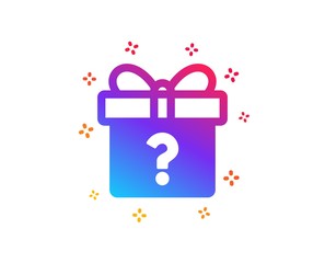 Aufkleber - Gift box with Question mark icon. Present or Sale sign. Birthday Shopping symbol. Package in Gift Wrap. Dynamic shapes. Gradient design secret gift icon. Classic style. Vector