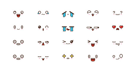 Wall Mural - Kawaii cute faces smile emoticons. Japanese emoji