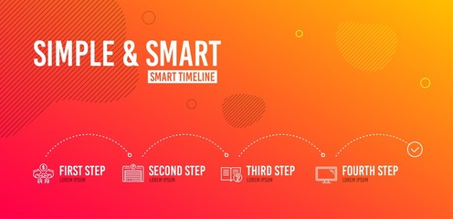 Poster - Infographic timeline. Sharing economy, Parking garage and Help icons simple set. Monitor sign. Share, Automatic door, Documentation. Computer component. Technology set. 4 steps layout. Vector