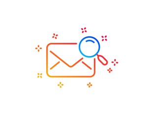 Search mail line icon. Find letter document sign. Magnify glass. Gradient design elements. Linear search mail icon. Random shapes. Vector