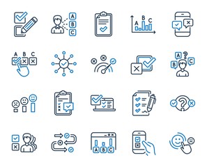 Survey, Report review line icons. Opinion, Customer satisfaction feedback and Test icons. Checklist review, Quiz and Business report symbols. Evaluation quiz, Feedback chart, Management. Vector