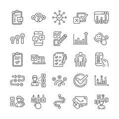 Poster - Survey review, Report quiz line icons. Opinion, Customer satisfaction feedback and Test survey icons. Checklist review, Business report symbols. Evaluation quiz, Feedback chart, Management. Vector
