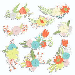  Vector sticker flowers bouquet set with shadow