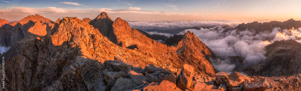 Mountains Landscape with Inversion in the Valley at Sunset as seen From Rysy Peak in High Tatras, Slovakia - obrazy, fototapety, plakaty 