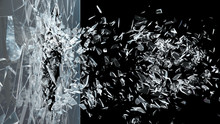Abstract Broken Glass Into Pieces. Wall Of Glass Shatters Into Small Pieces. Place For Your Banner, Advertisement. Explosion Caused The Destruction Of Glass. 3d Illustration
