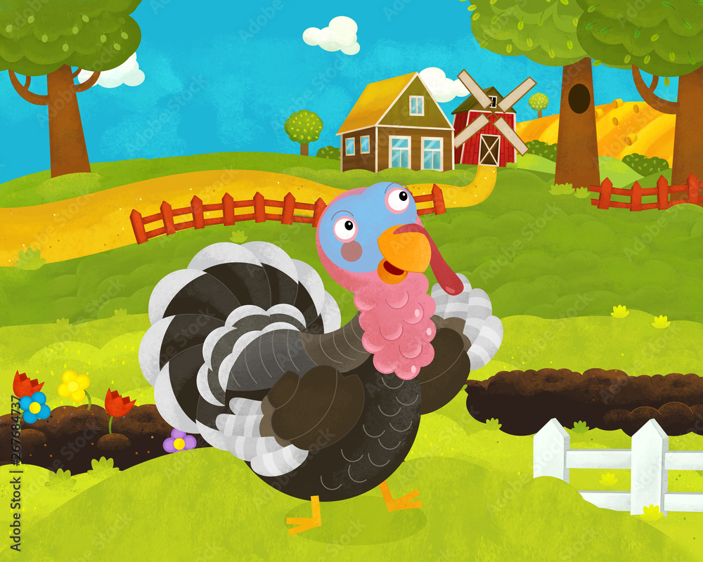 cartoon happy and funny farm scene with happy turkey - illustration for  children Stock Illustration | Adobe Stock, image size:1000x800