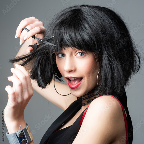 Crazy Girl With Funny Brunette Hairdo Woman Cut Hair With