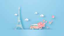 Illustration Of Honeymoon Travel In Paris With Van Car On Valentine's Day And Place For Your Text Space. Eiffel Tower Paris In Valentine's Day. Paper Cut And Craft Style. Vector, Illustration.