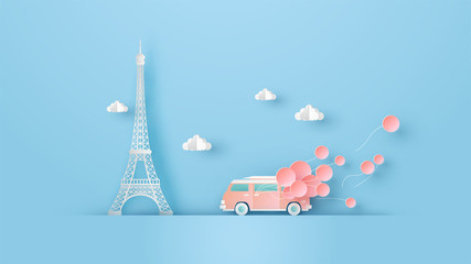 Illustration of honeymoon travel in Paris with van car on valentine's day and place for your text space. Eiffel tower Paris in Valentine's day. paper cut and craft style. vector, illustration.