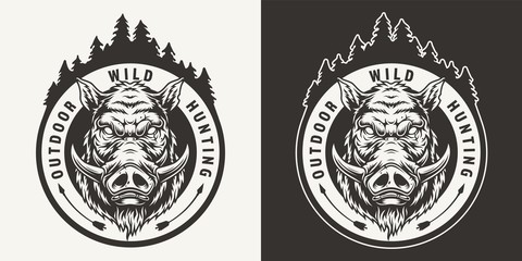 vintage monochrome boar hunting round emblem