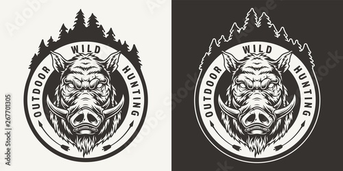 Cuadros en Lienzo Vintage monochrome boar hunting round emblem