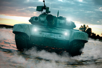 Wall Mural - Heavy Military Tank in Battlefield Landscape at Sunset with Beautiful Sky. 3D Rendering