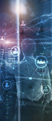Wall Mural - vertical panorama banner. double exposure people network structure hr - human resources management a