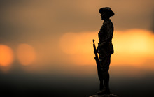 Soldier Figure Silhouette At Sunrise, Anzac Day.