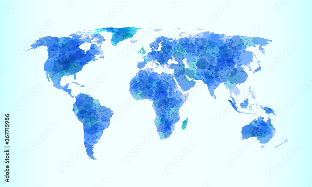 Blue watercolor world map vector illustration with different continents ...